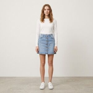 Authentic Denim Skirt Women's Size 4 Blue Button Front A-Line Y2K Pockets Casual